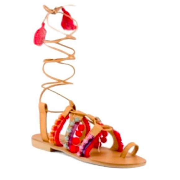 BARBARA BARBIERI Tasseled Leather Sandals Lace Up Pom Pom Strappy Sandals - Picture 1 of 6
